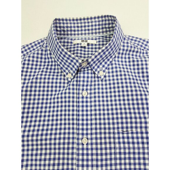 Uniqlo Size Medium Mens Blue White Check Button Down Long Sleeve Cotton Shirt - Picture 1 of 10